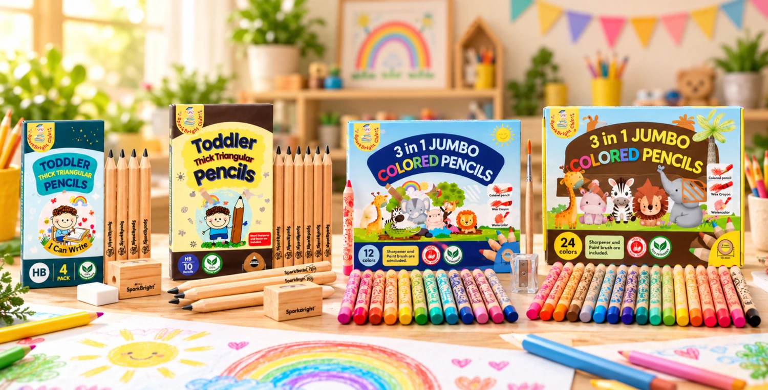 SparkBright Club pencil sets displayed on a children's art table